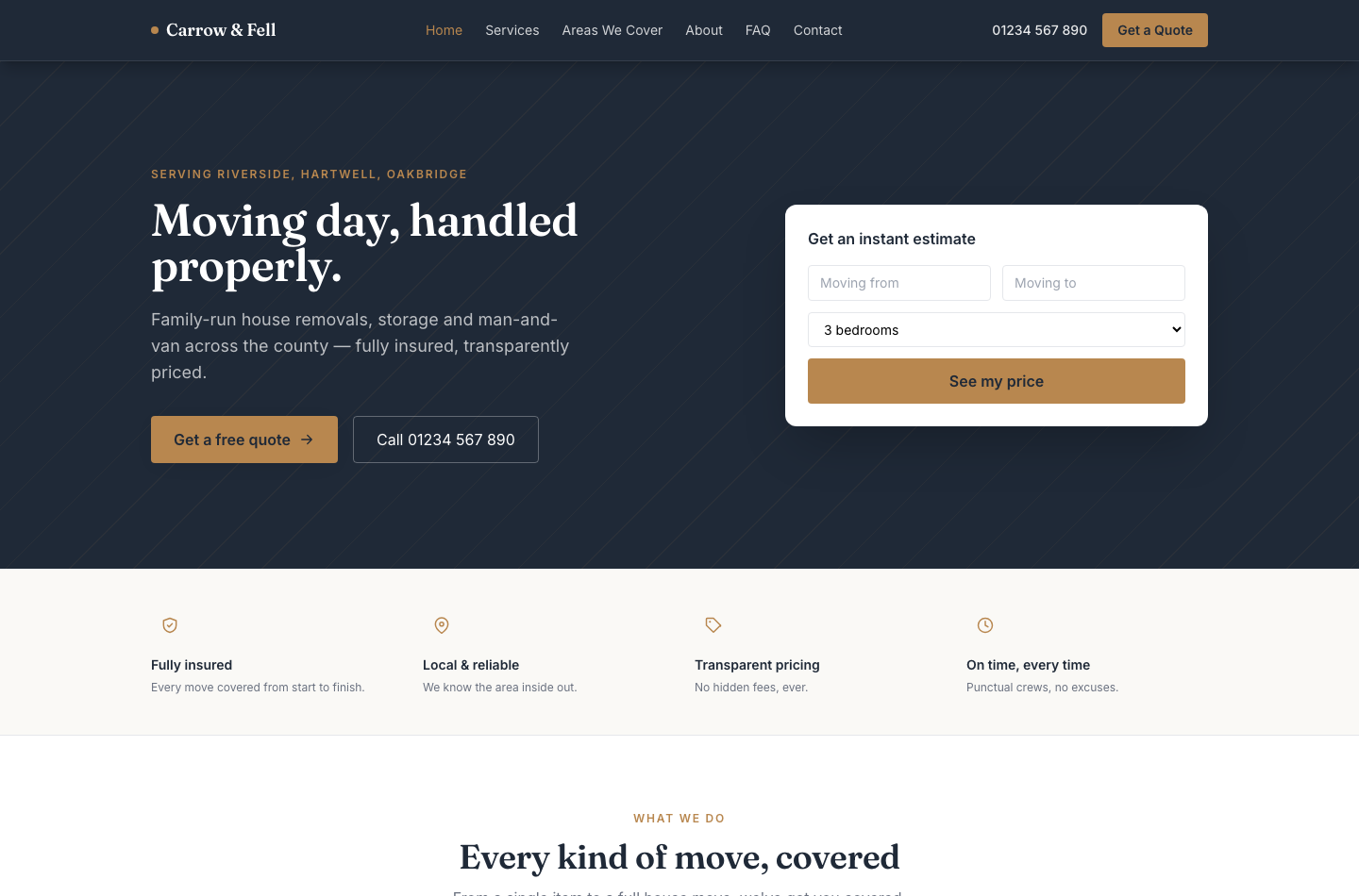 A real MoveVault Sites template build, shown with sample demo content